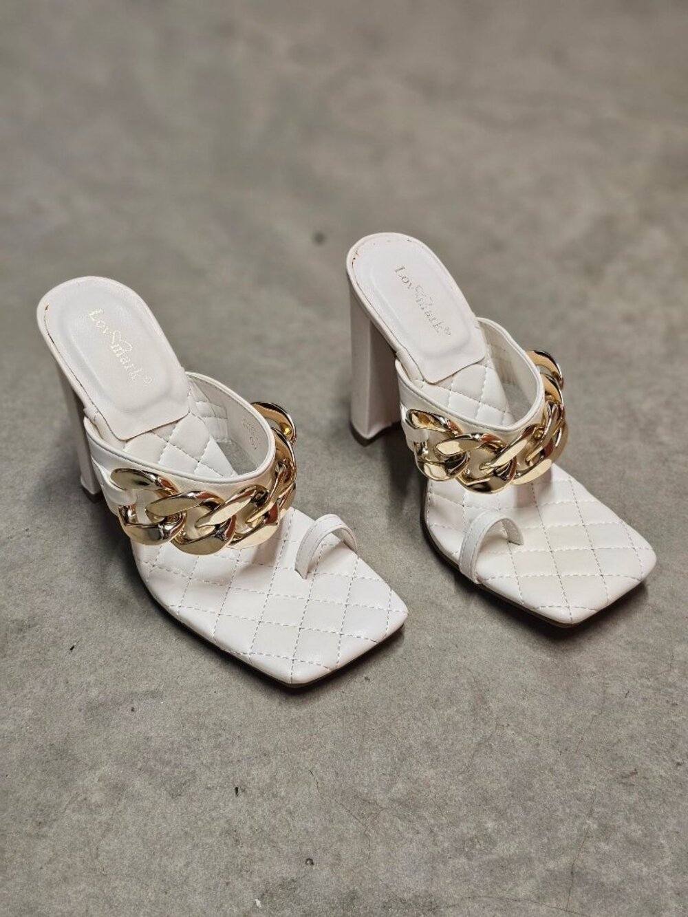 Quilted Chain-Embellished High Heel White Sandals With Square Toe Design
